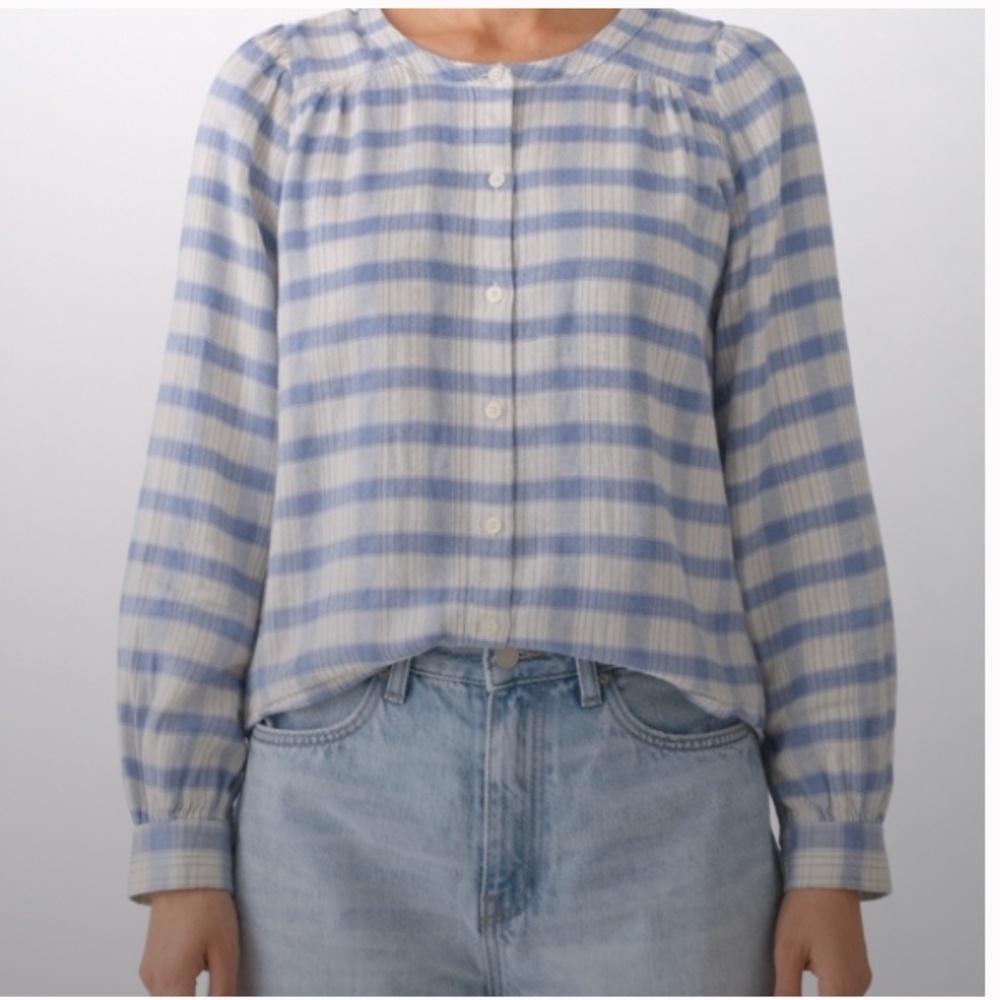 Aritzia | Little Moon Plaid Blouse | Size XS | Blue Cream Button Front